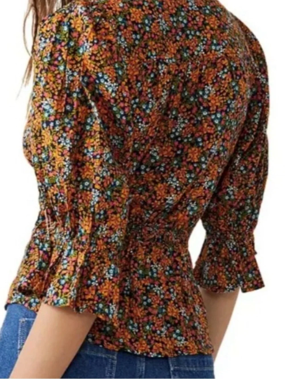 Free People Women’s Blouse “I Found You” Floral Button-Front Top  Orange Navy